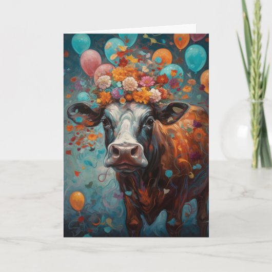 牛の恋人絵画の誕生日風船 カード (正面)