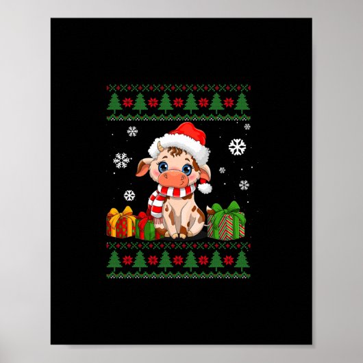 牛の愛おもしろい者かわいい牛サンタ帽の醜いクリスマス ポスター (正面)