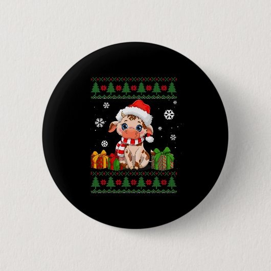 牛の愛おもしろい者かわいい牛サンタ帽の醜いクリスマス 缶バッジ (正面)