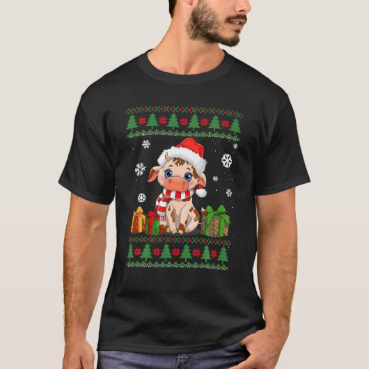 牛の愛おもしろい者かわいい牛サンタ帽子の醜いクリスマス Tシャツ (正面)
