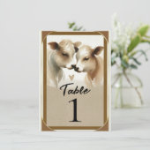 牛の愛の茶色のクリームカントリー結婚式のテーブル番号 招待状 (スタンド正面)