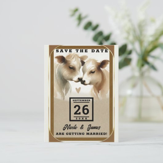 牛の愛ブラウンクリームカントリー結婚式の日付を保存 案内ポストカード (スタンド正面)
