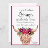 牛の招待状、ロングホーン牛の花柄の誕生日 招待状 (正面/裏面)