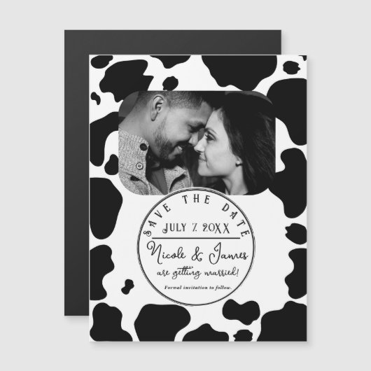 牛の斑点プリント 黒と白 セーブ・ザ・デート (正面/裏面)