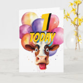 牛の最初の誕生日バルーンカード カード (黄色い花)