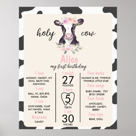 牛の最初の誕生日マイルストーンの記号 ポスター (正面)