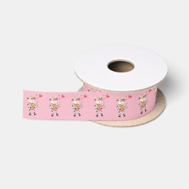 牛の模様が入ったピンクのリボン サテンリボン
