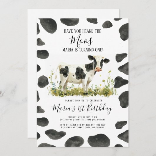 牛の水の色の誕生日パーティーを聞いた 招待状 (正面/裏面)