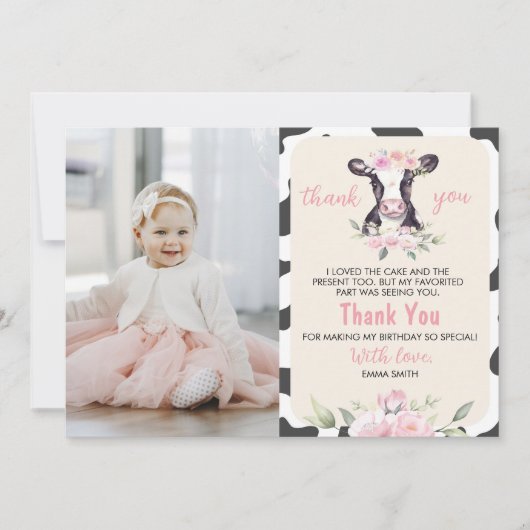 牛の牧場の誕生日写真感謝カード サンキューカード (正面)
