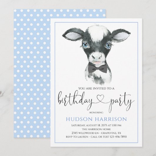 牛の男の子の牧場の誕生日パーティーの招待状 招待状 (正面/裏面)