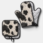 牛の白黒斑点ファー 鍋つかみ&鍋敷きセット (正面/裏面)