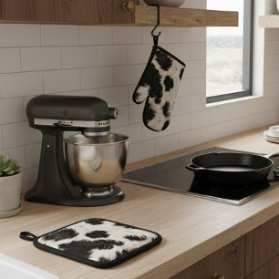 牛の白黒斑点ファー 鍋つかみ&鍋敷きセット