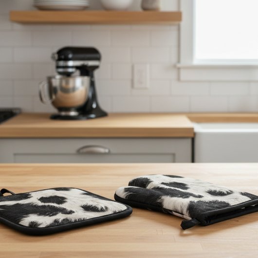 牛の白黒斑点ファー 鍋つかみ&鍋敷きセット