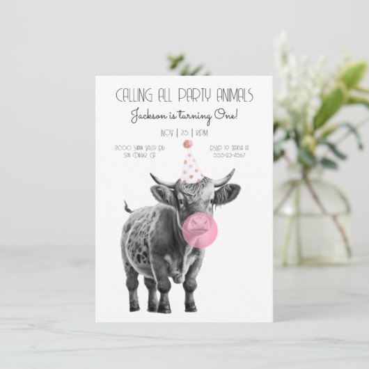 牛の白黒誕生日招待状 招待状 (スタンド正面)