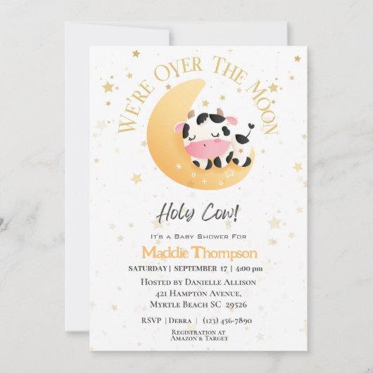 牛の私たちは月の黄色の赤ん坊のシャワーの上にある 招待状 (正面)
