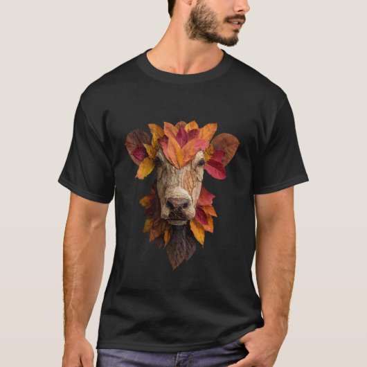 牛の秋の葉芸術的な動物アート葉の落ちる様子 Tシャツ (正面)