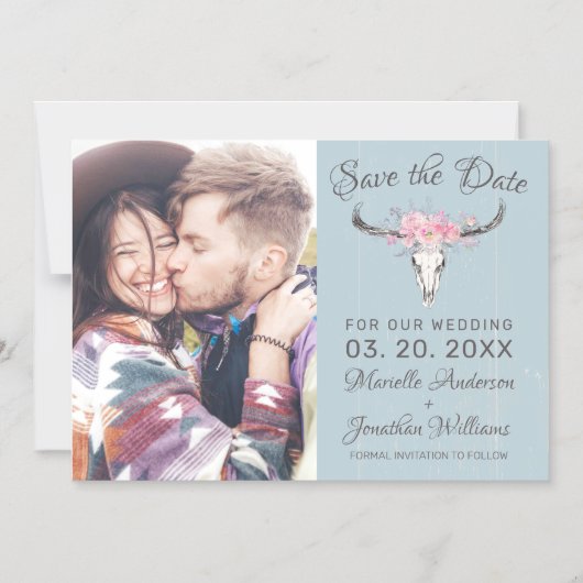 牛の素朴スカルフローラ青い写真日付を保存 マグネット招待状 (正面)