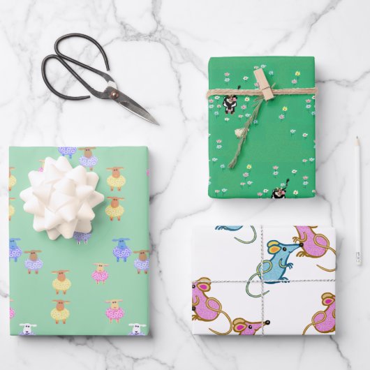 牛の羊の子羊ネズミ ラッピングペーパーシート (正面)