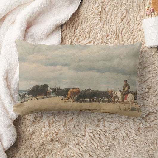 牛の群れが海の横に(by Eugene Burnand) ランバークッション (ブランケット)
