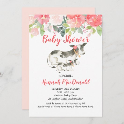 牛の花ピンクコーラルベビーシャワー招待状 招待状 (正面/裏面)