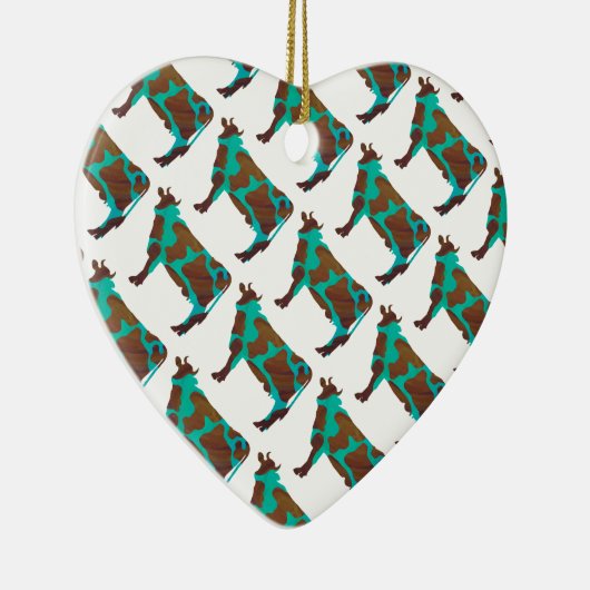 牛の茶色とティール(緑がかった色)のシルエット セラミックオーナメント (右)