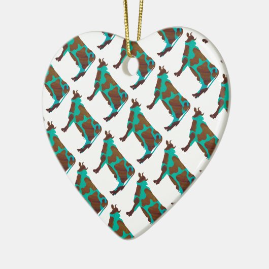 牛の茶色とティール(緑がかった色)のシルエット セラミックオーナメント (左)