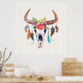 牛の茶色カラフルの角と羽スカル ポスター (キッチン)