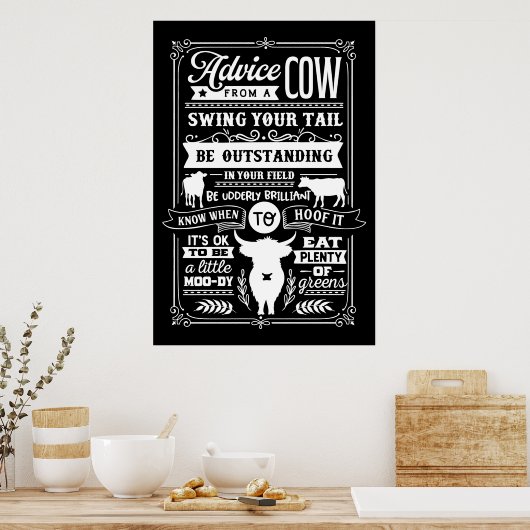 牛の言葉のアートの国からのかわいいアドバイス ポスター (キッチン)