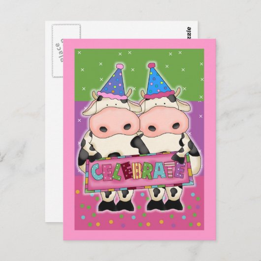 牛の誕生日カードと切手 ポストカード (正面/裏面)