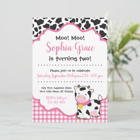 牛の誕生日パーティーの招待|ピンクと黒 招待状 (スタンド正面)