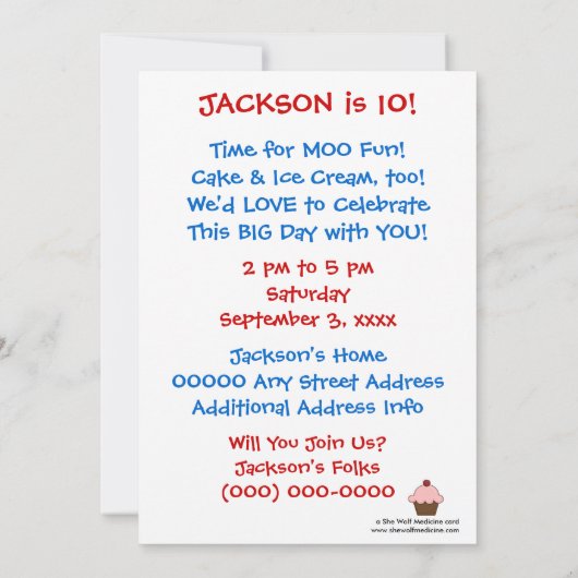 牛の誕生日パーティー 招待状 (裏面)