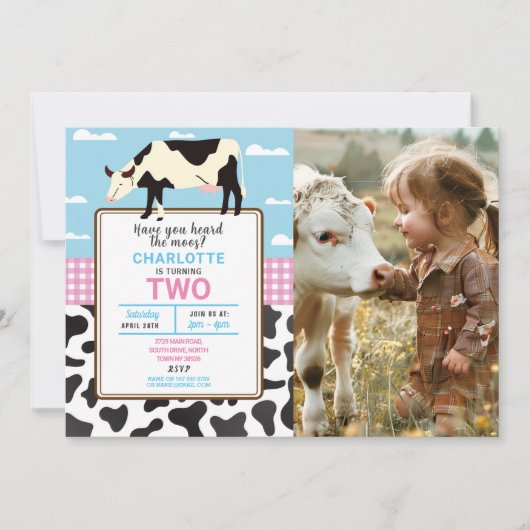 牛の誕生日招待状2番目の聖い牛のパーティー写真 招待状 (正面)