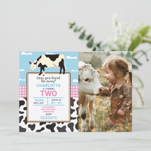 牛の誕生日招待状2番目の聖い牛のパーティー写真 招待状 (スタンド正面)