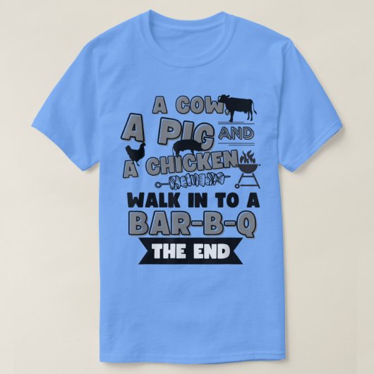 牛の豚と鶏がバーベキューに入る Tシャツ (デザイン正面)