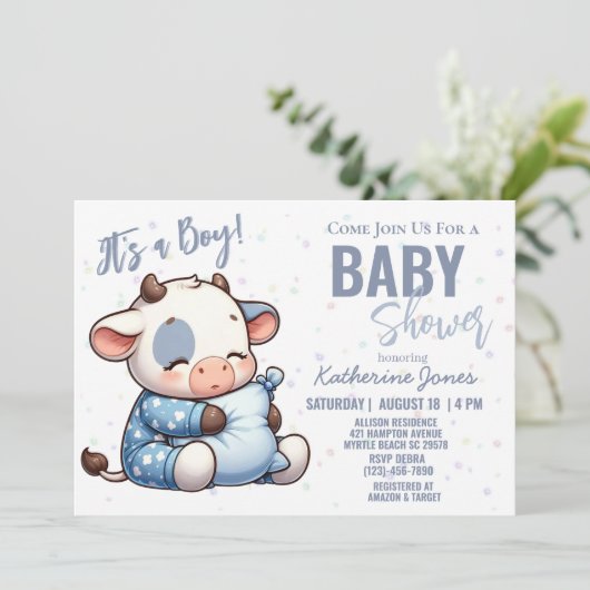 牛の赤ちゃんシャワーほこりっぽいブルーボーイファーム 招待状 (スタンド正面)