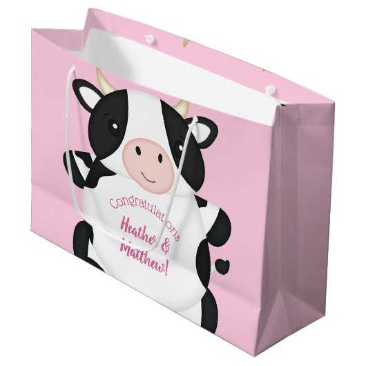 牛の赤ちゃんシャワーピンク ラージペーパーバッグ (正面アングル)