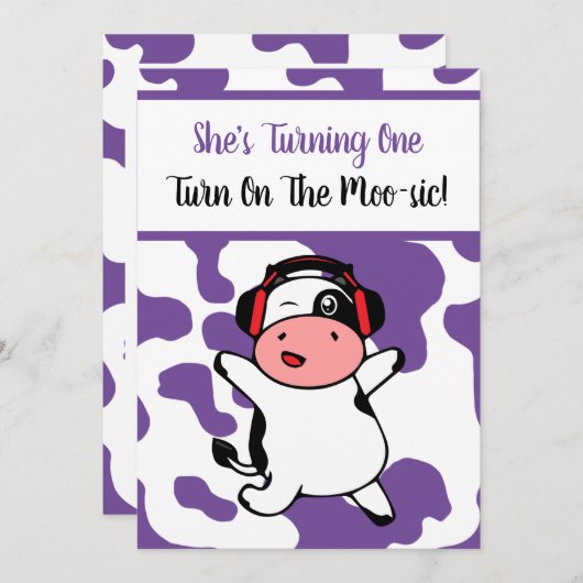 牛の踊り家畜をテーマにした少女1歳の誕生日 招待状 (正面/裏面)