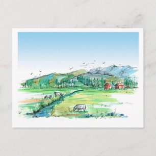 牛の農場の動物の赤い納屋の移動の発表 ポストカード
