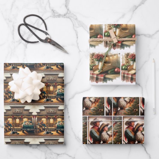 牛の飼料置き場のカウボーイ帽を飾ったクリスマスツリー ラッピングペーパーシート (正面)