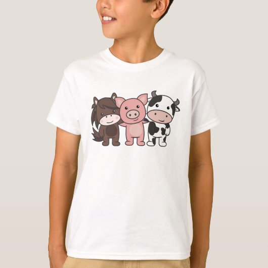 牛の馬の豚ファームかわいい動物子供へ Tシャツ (正面)