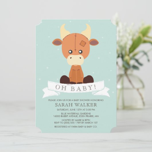 牛の黄色詰まったと緑の中性の赤ちゃんシャワー 招待状 (スタンド正面)