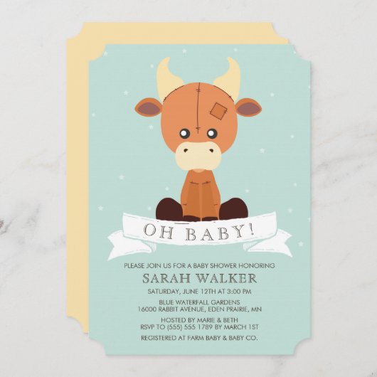 牛の黄色詰まったと緑の中性の赤ちゃんシャワー 招待状 (正面/裏面)