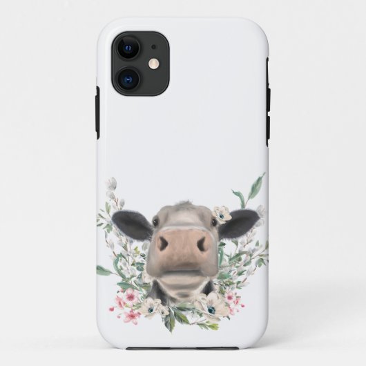 牛の鼻にキスする花の水彩画 グレー ファームアニマル Case-Mate iPhoneケース (裏面)