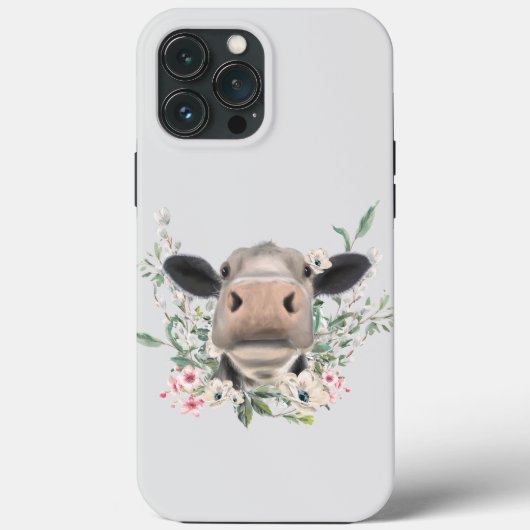 牛の鼻にキスする花の水彩画 グレー ファームアニマル Case-Mate iPhoneケース (裏面)