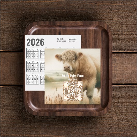 牛のQRコード付き2026年カレンダー ビジネスカード
