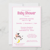 牛は月の上に飛び乗った子供部屋赤ちゃんシャワーピンク 招待状 (正面)