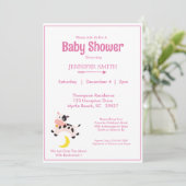 牛は月の上に飛び乗った子供部屋赤ちゃんシャワーピンク 招待状 (スタンド正面)