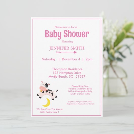 牛は月の上に飛び乗った子供部屋赤ちゃんシャワーピンク 招待状 (スタンド正面)