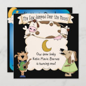 牛は月の上に飛び越えカスタムた誕生日招待状 招待状 (正面/裏面)