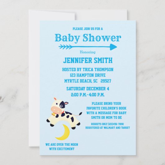 牛は月の子供部屋の赤ちゃんシャワーを飛び越えた 招待状 (正面)